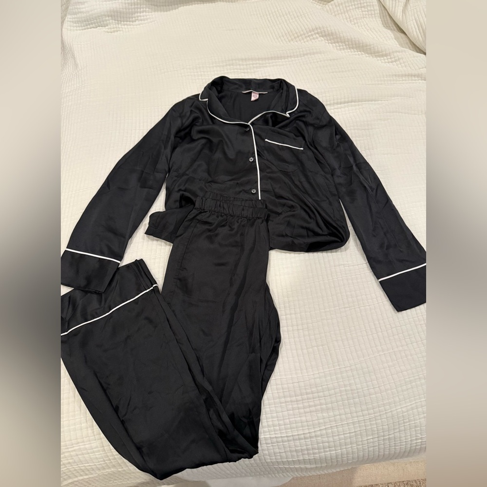 Victoria's Secret Black Satin Pajama Set with White Piping